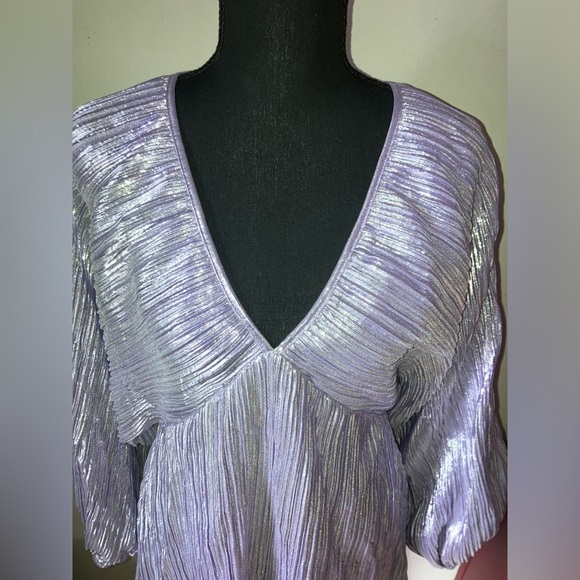 Nasty Gal Lilac Metallic Pleated Balloon Sleeve Mini Dress W4 - Picture 11 of 12